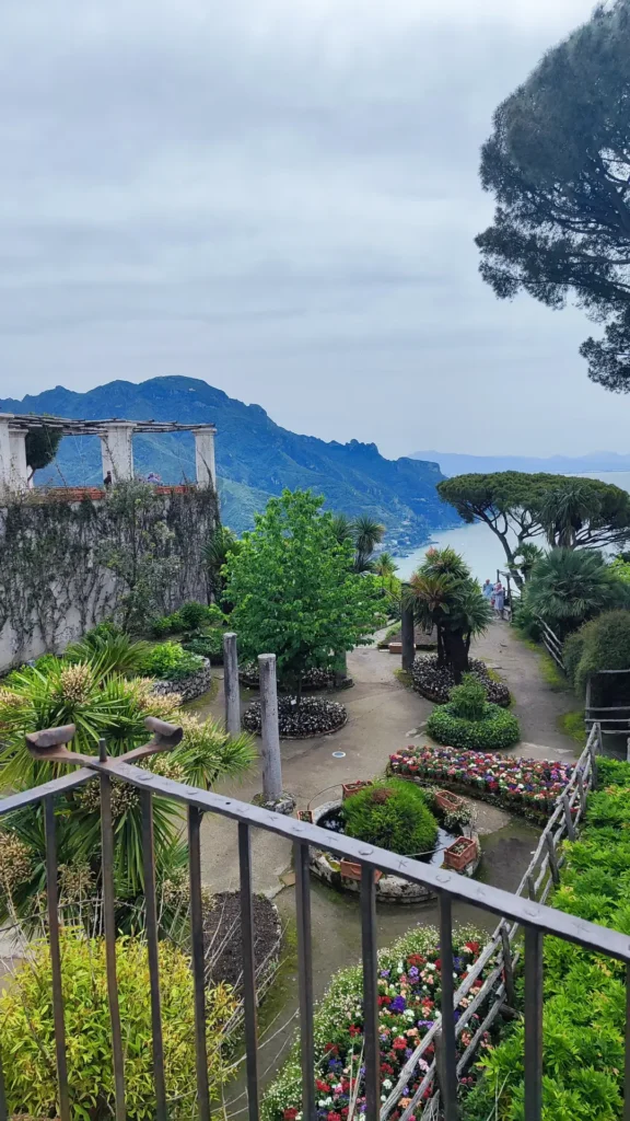 A stunning view of the Amalfi coastline from Villa Cimbrone's gardens in Ravello.