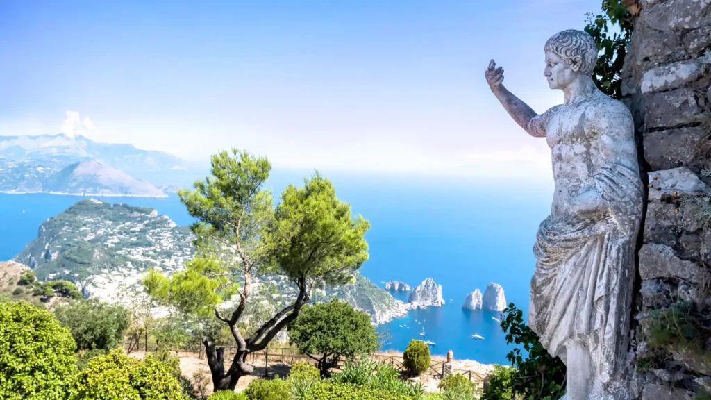 Panoramic view from Monte Solaro, the highest point in Capri, overlooking the island and the sea