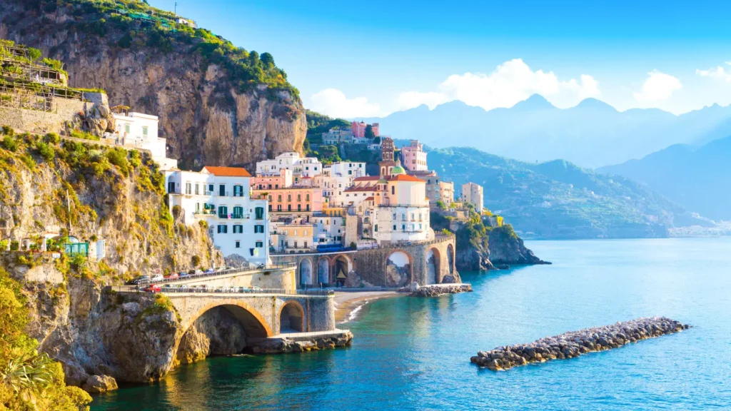 Scenic view of Positano, with its colorful houses cascading down the cliffs towards the sea