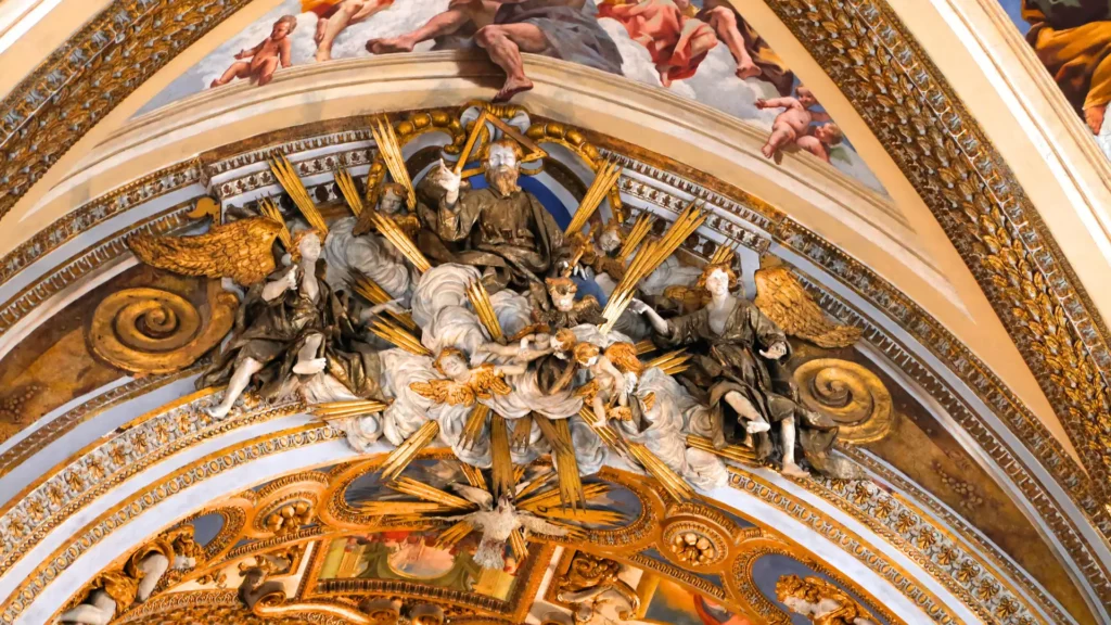 Close-up of a baroque fresco inside the San Severo Chapel, featuring angelic figures and ornate details