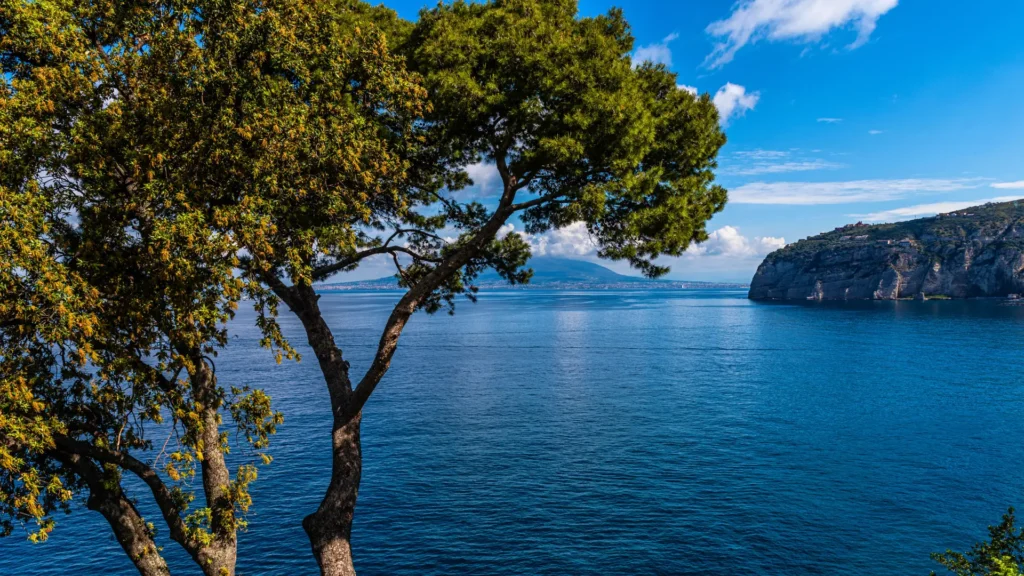 Panoramic view from Villa Comunale in Sorrento, overlooking the Bay of Naples and Mount Vesuvius