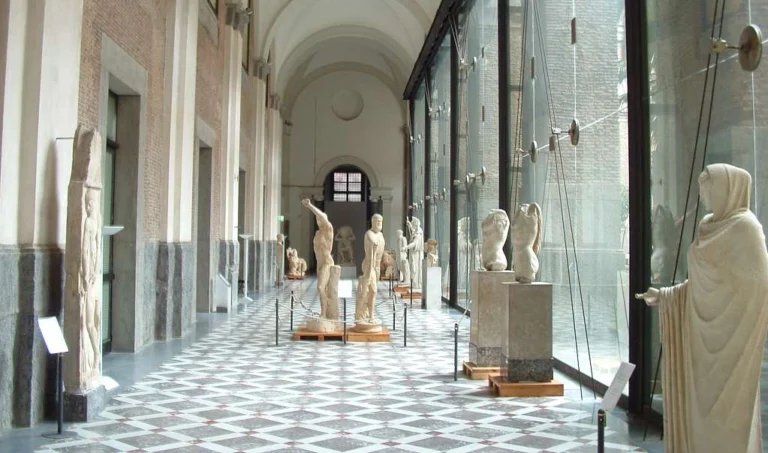 Statues hall, a gallery in the western courtyard of the National Archeological Museum of Naples.